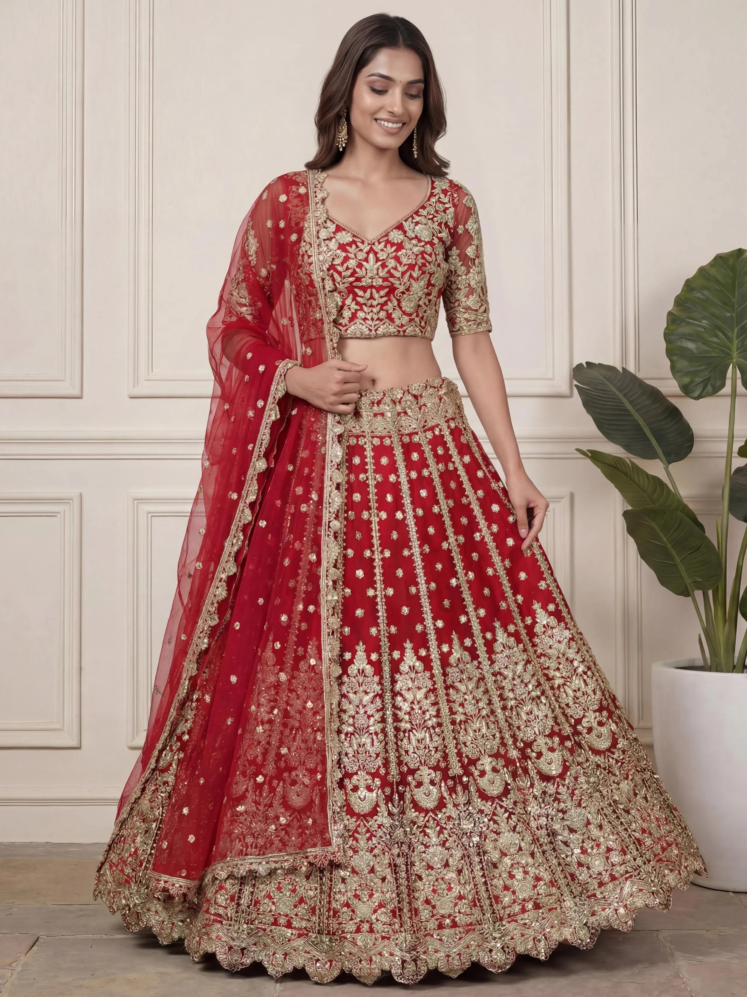 Outstanding Red Zari Embroidered Net Wedding Wear Lehenga Choli