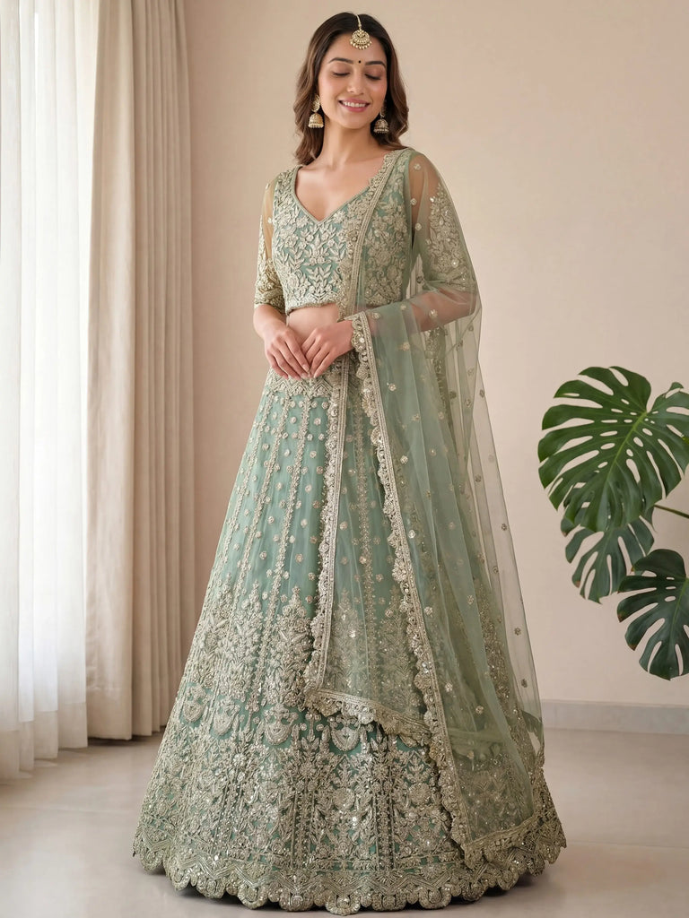Dazzling Green Embroidered Soft Net Function Wear Lehenga Choli