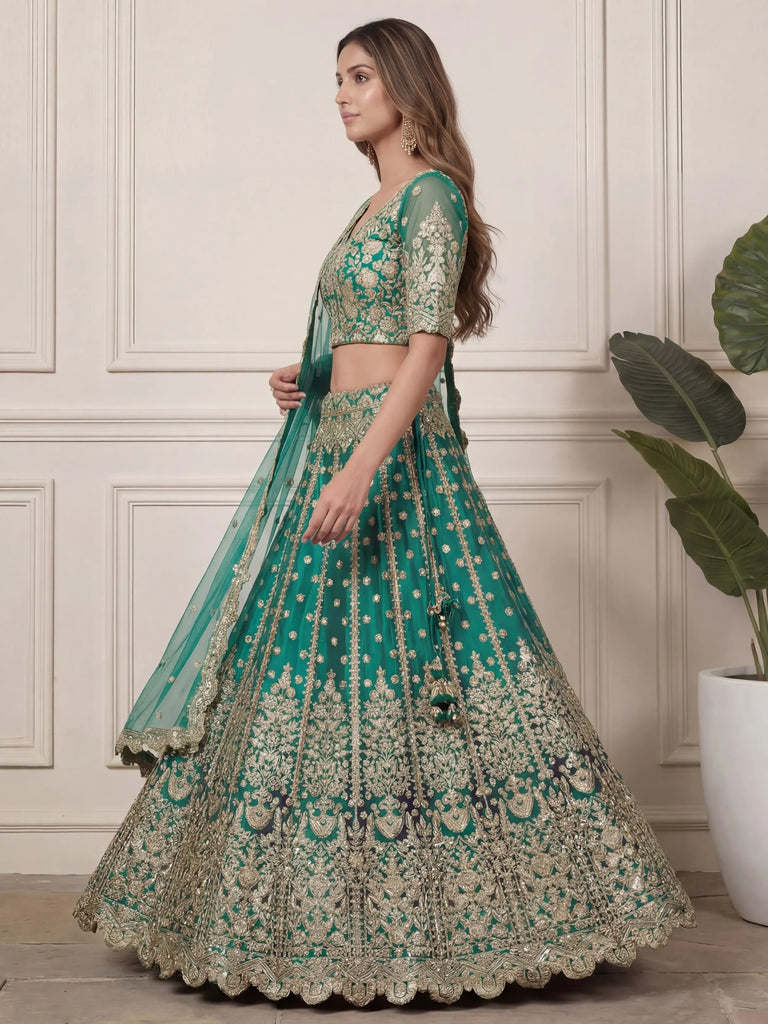 Beautiful Green Embroidered Soft Net Wedding Wear Lehenga Choli