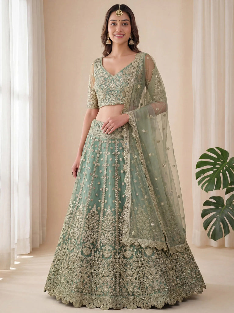 Dazzling Green Embroidered Soft Net Function Wear Lehenga Choli