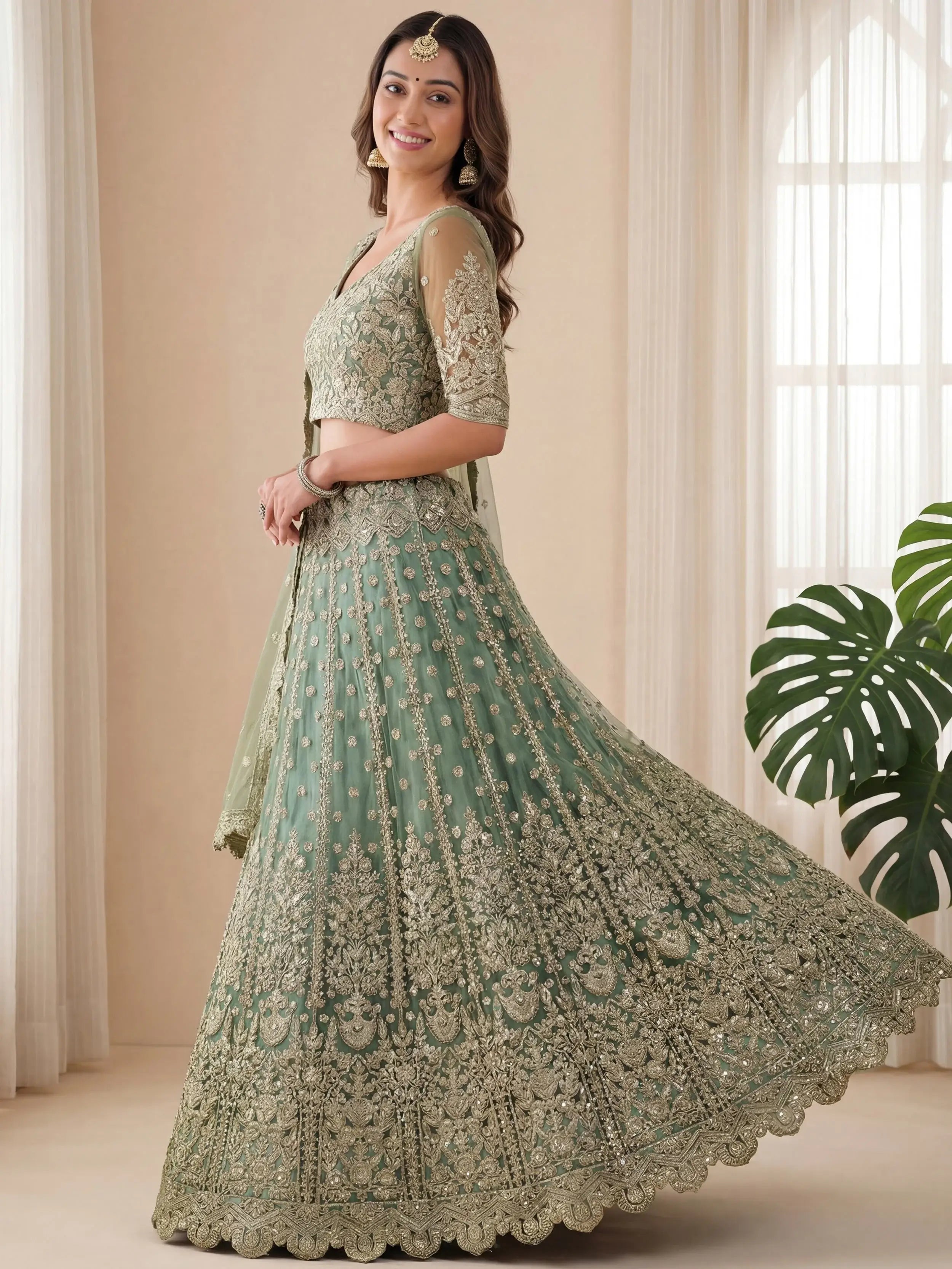 Dazzling Green Embroidered Soft Net Function Wear Lehenga Choli