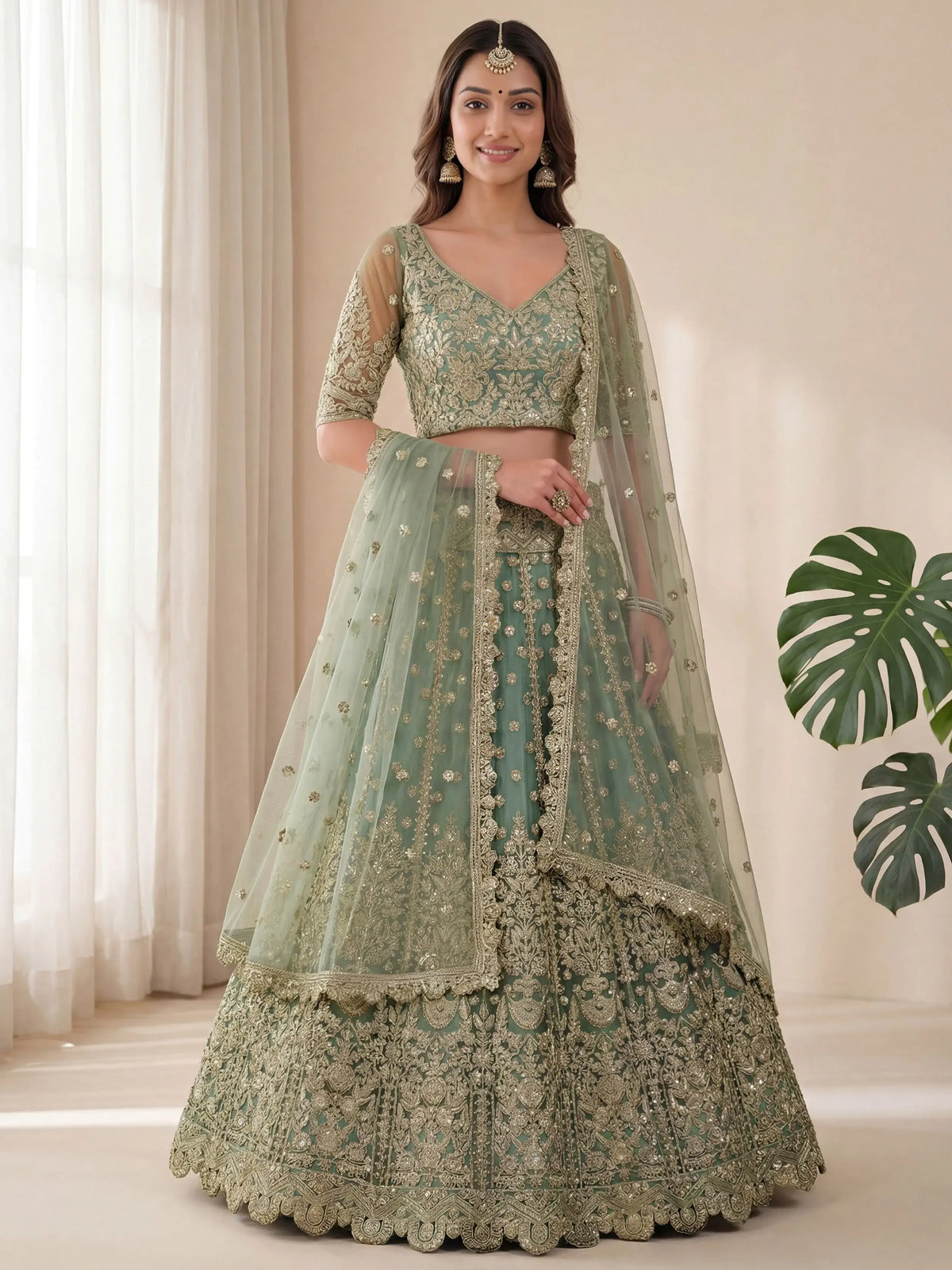 Dazzling Green Embroidered Soft Net Function Wear Lehenga Choli