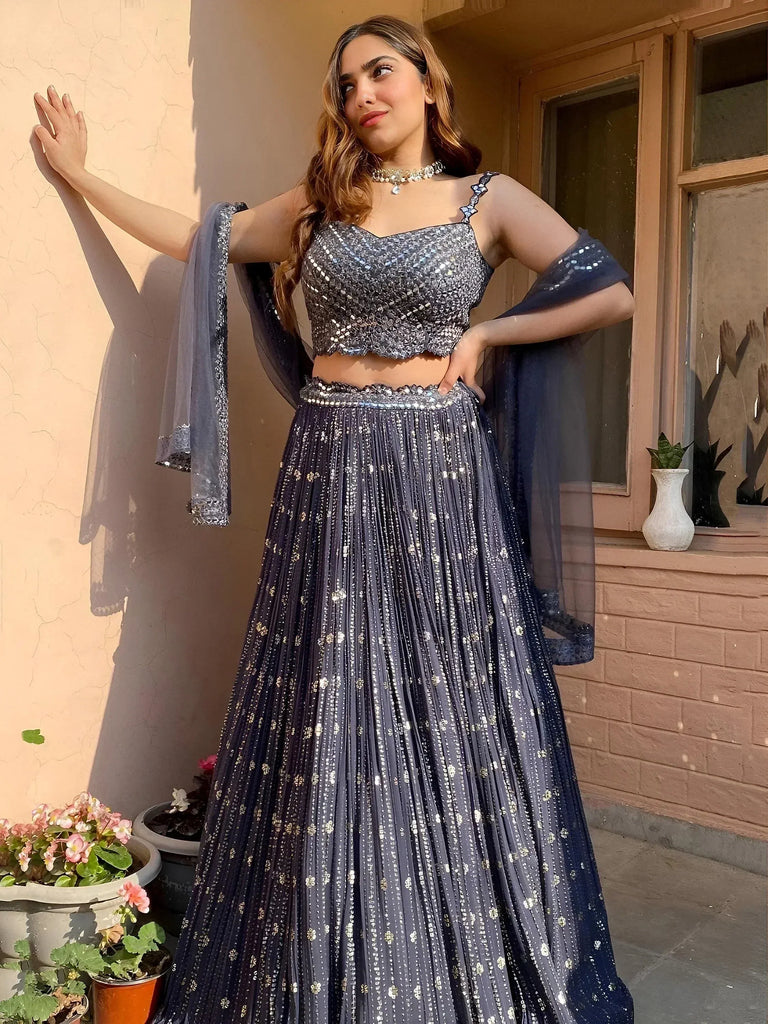 Unique Grey Thread Foil Mirror Georgette Party Wear Lehenga Choli