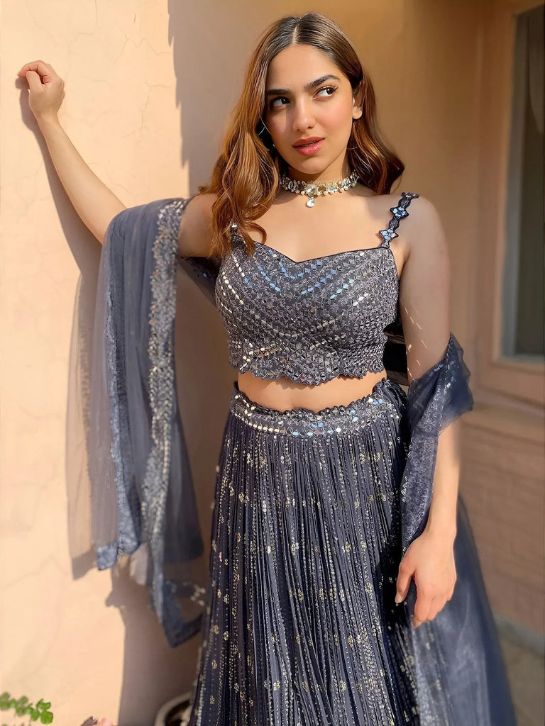Unique Grey Thread Foil Mirror Georgette Party Wear Lehenga Choli