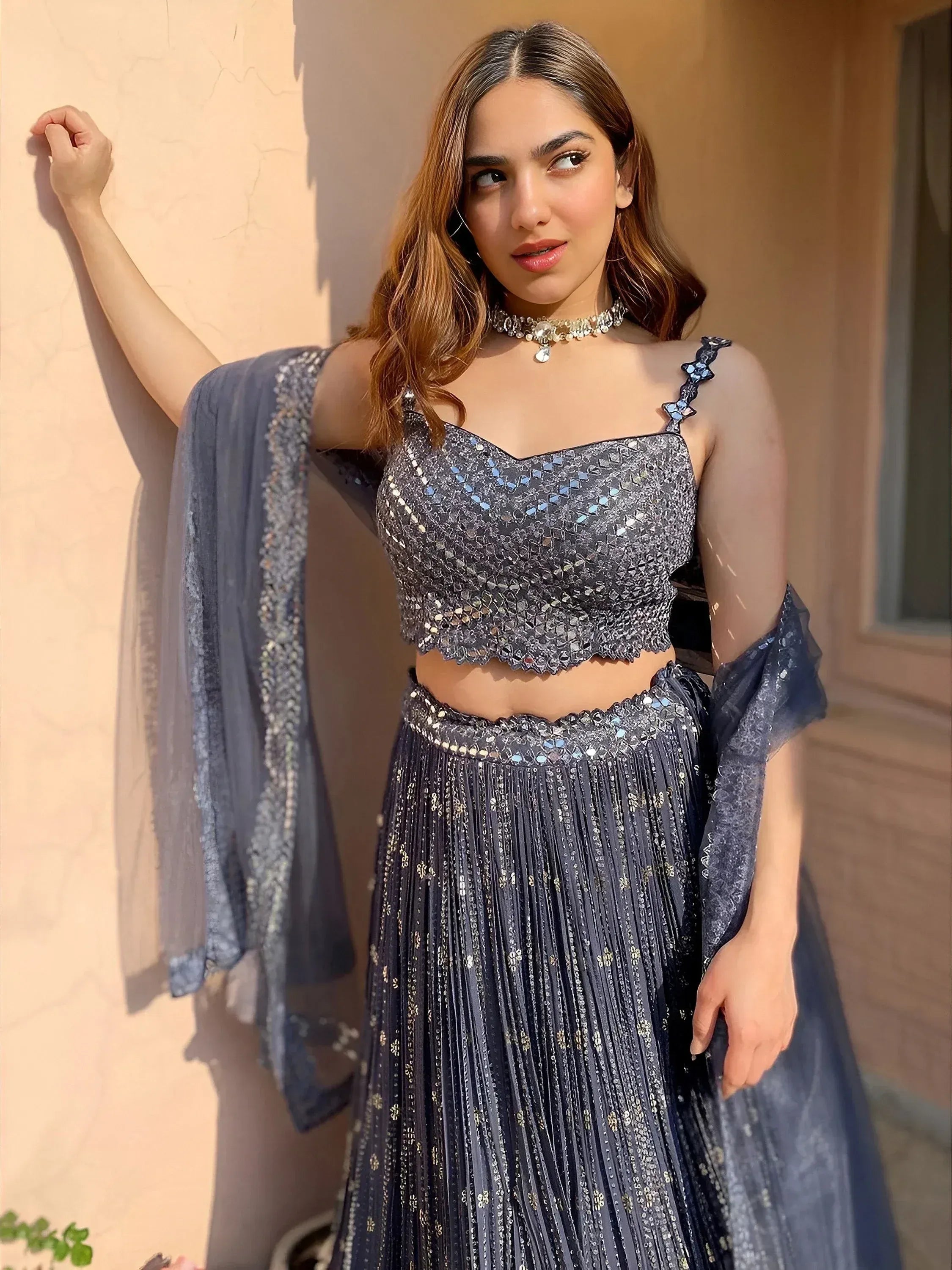 Unique Grey Thread Foil Mirror Georgette Party Wear Lehenga Choli
