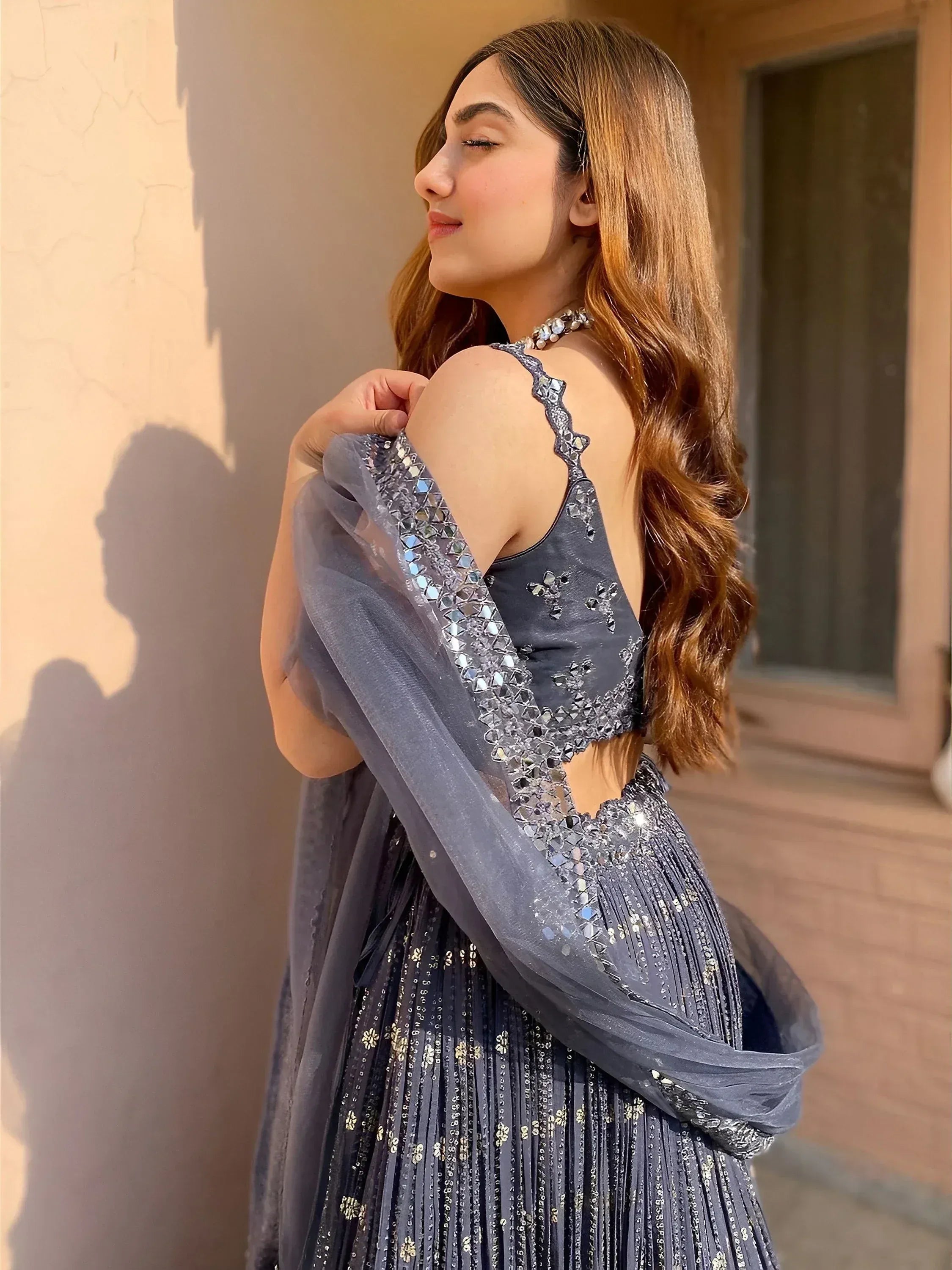 Unique Grey Thread Foil Mirror Georgette Party Wear Lehenga Choli