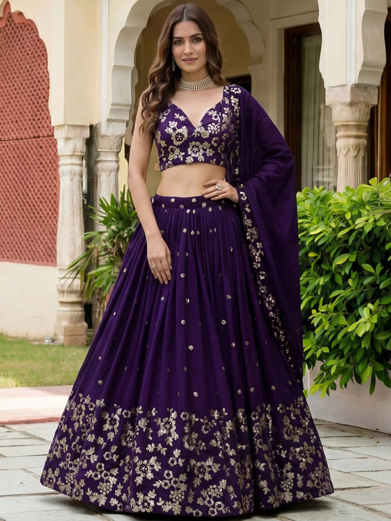 Outstanding Purple Sequins Georgette Wedding Wear Lehenga Choli