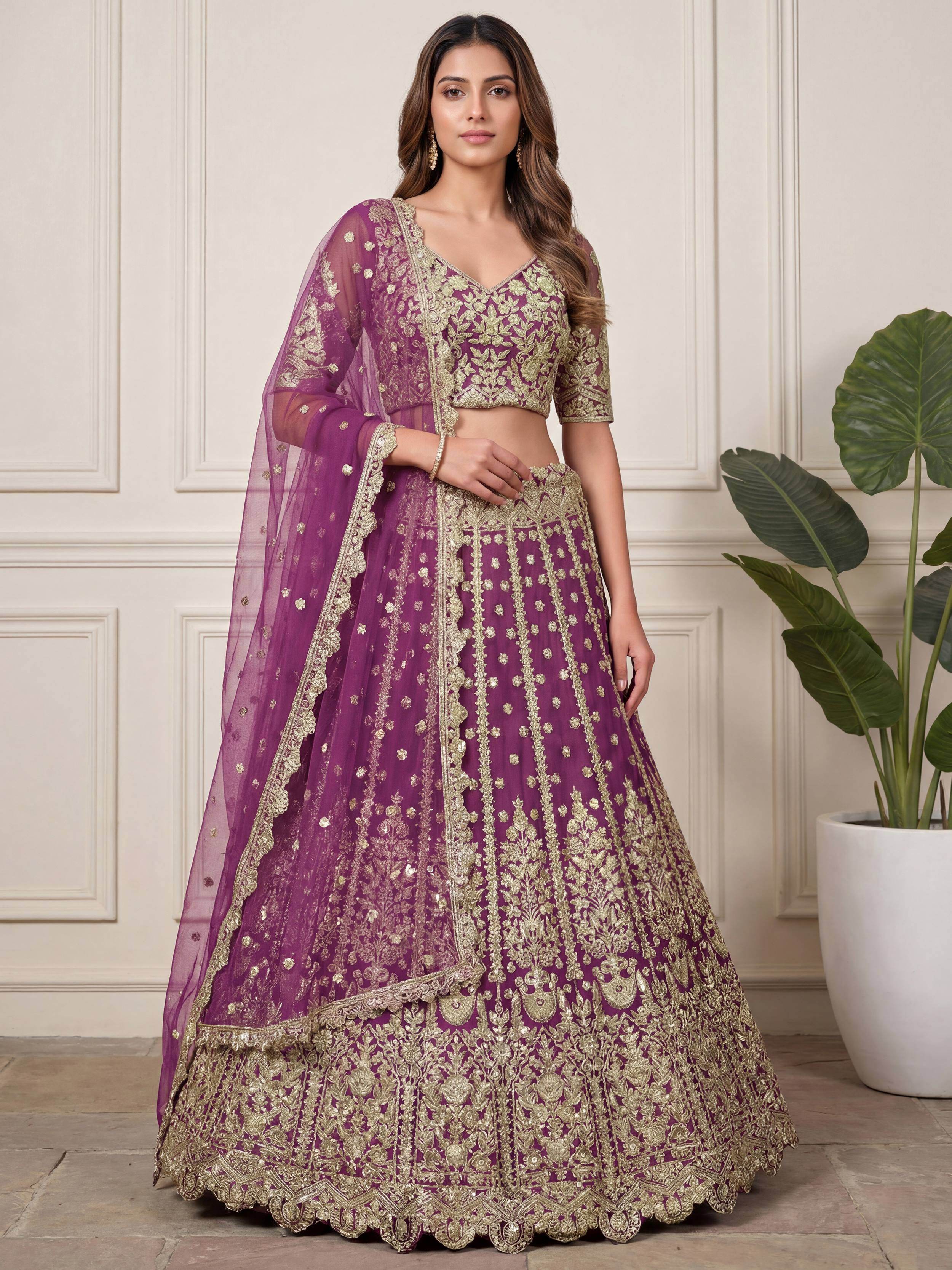Charming Purple Embroidered Soft Net Bridesmaid Lehenga Choli