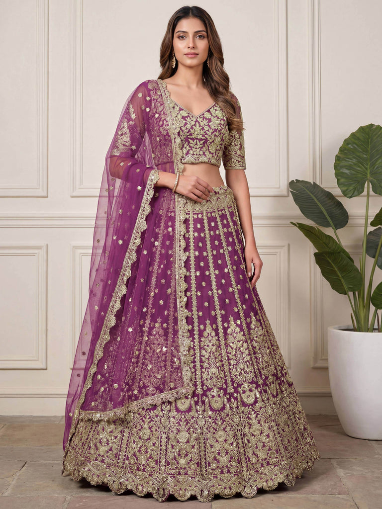 Charming Purple Embroidered Soft Net Bridesmaid Lehenga Choli