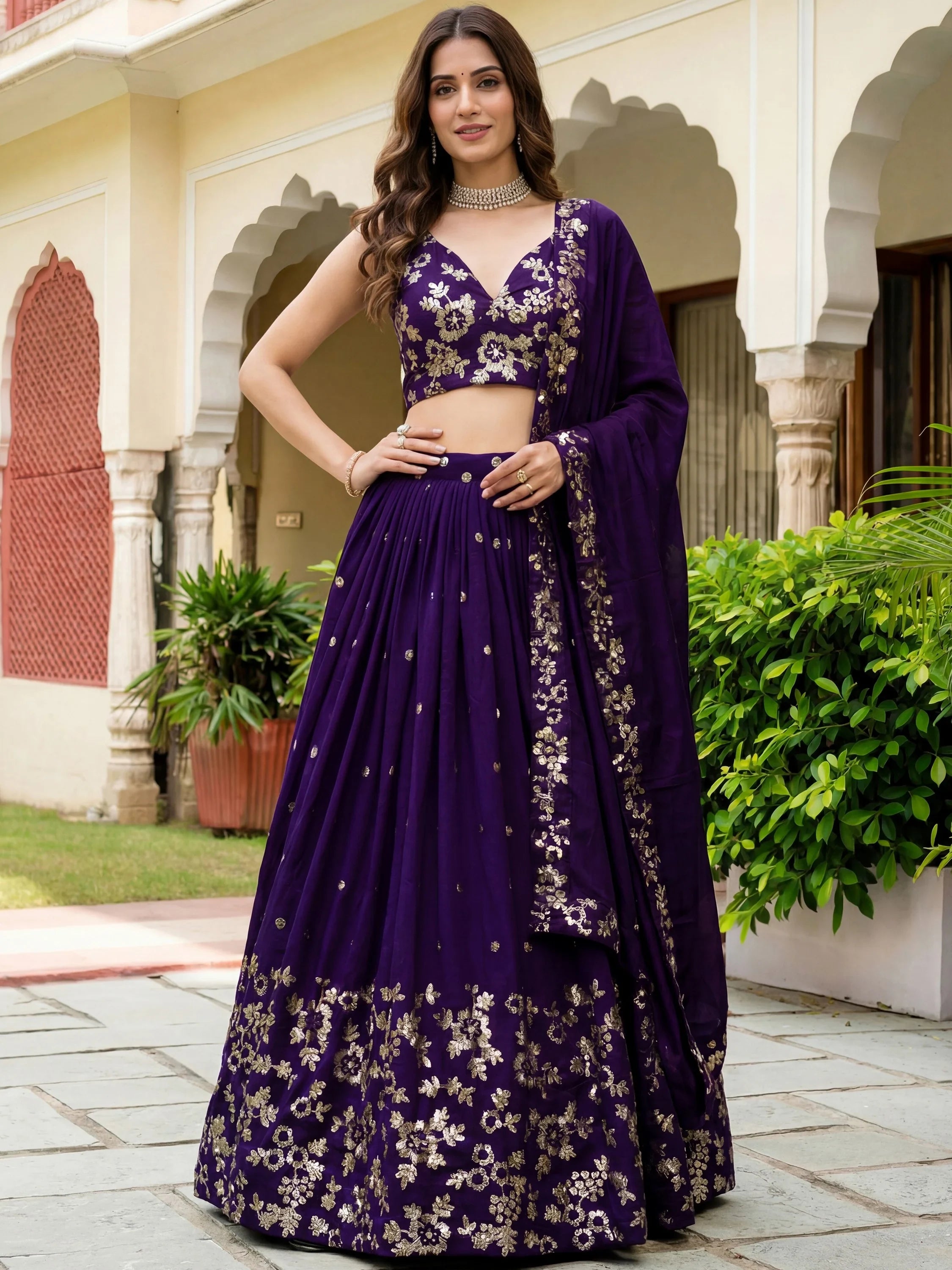 Outstanding Purple Sequins Georgette Wedding Wear Lehenga Choli