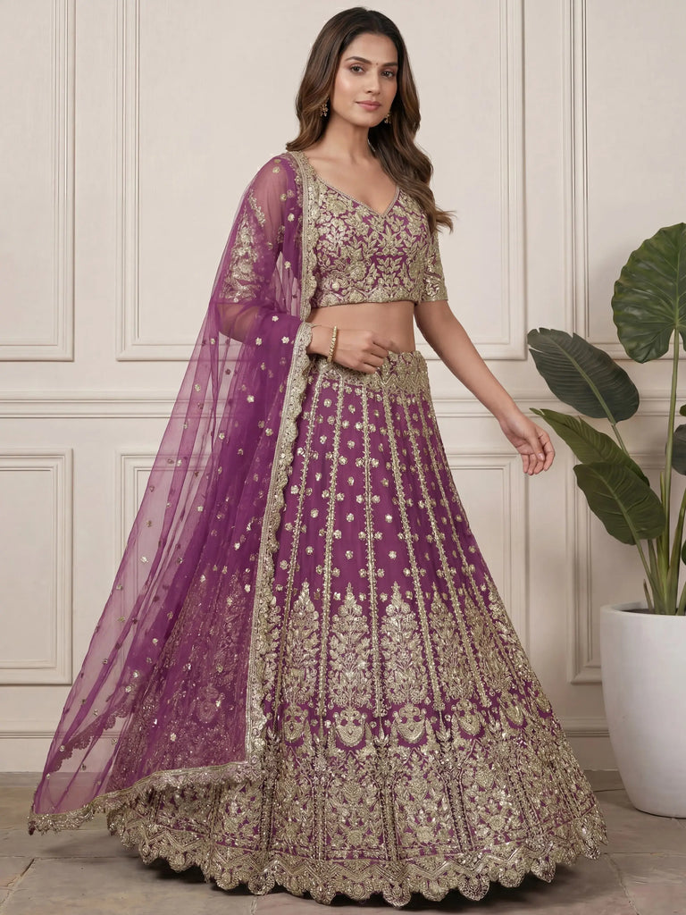 Charming Purple Embroidered Soft Net Bridesmaid Lehenga Choli