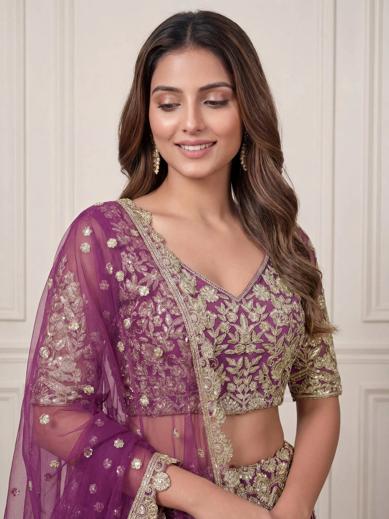 Charming Purple Embroidered Soft Net Bridesmaid Lehenga Choli