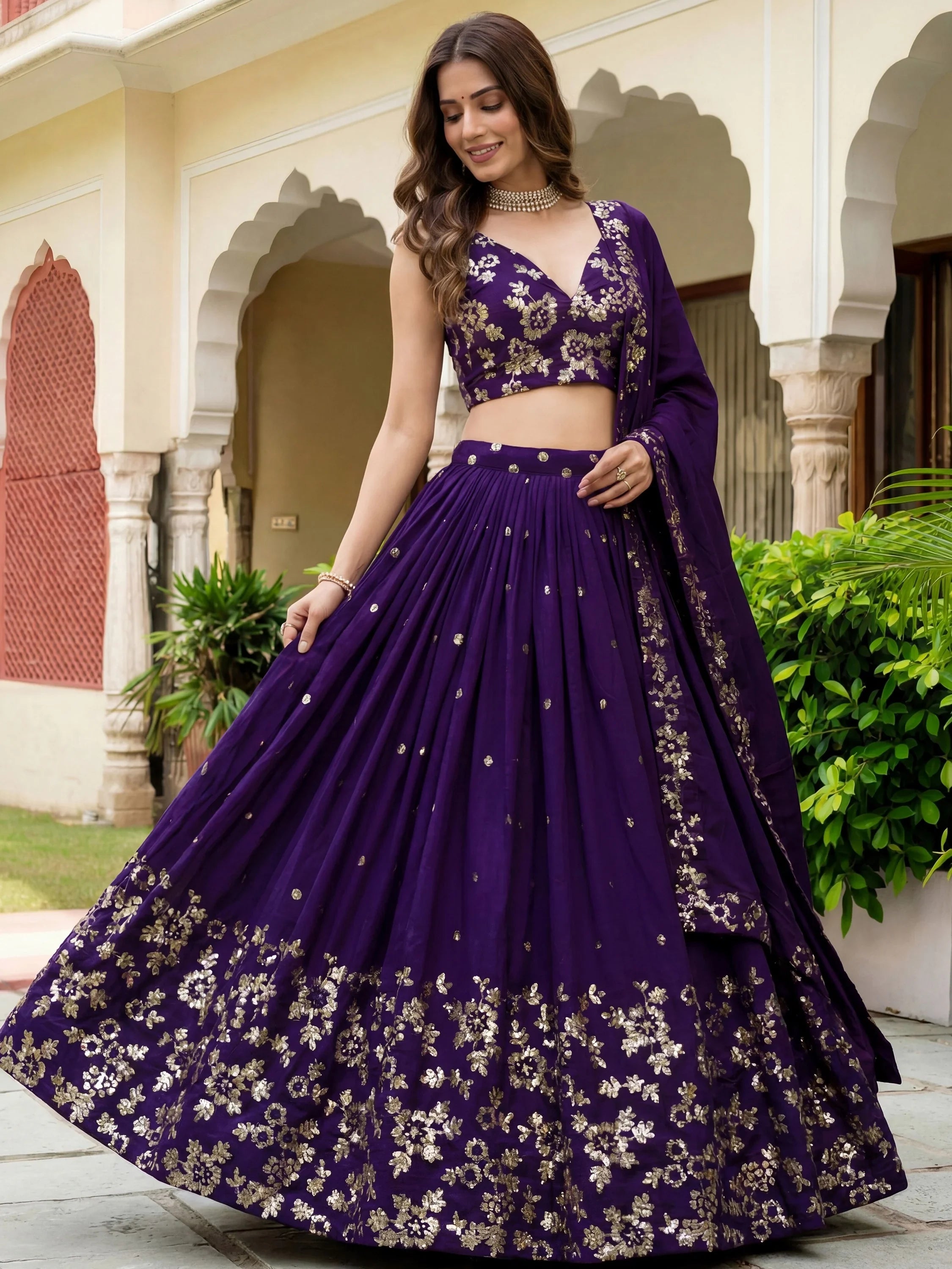Outstanding Purple Sequins Georgette Wedding Wear Lehenga Choli