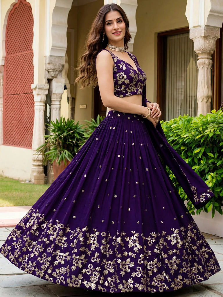 Outstanding Purple Sequins Georgette Wedding Wear Lehenga Choli
