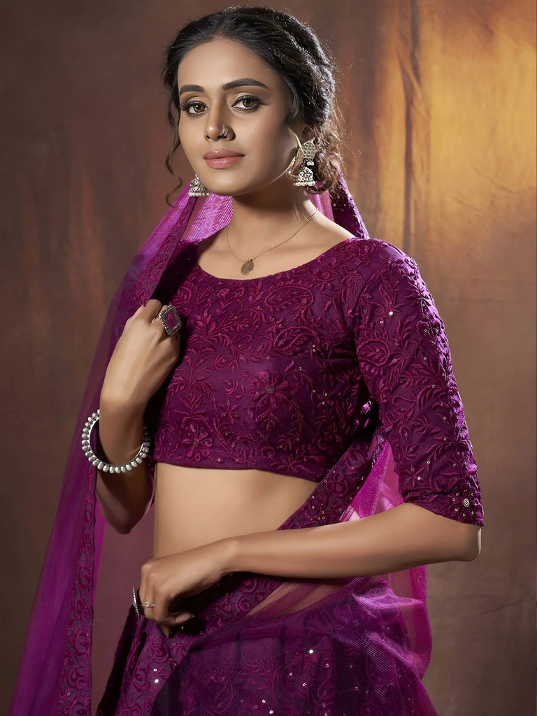 Elegant Purple Sequins Net Bridesmaid Lehenga Choli With Dupatta