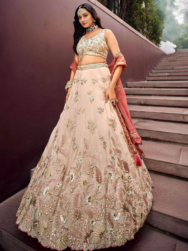 Outstanding Soft Beige Embroidered Silk Wedding Wear Lehenga Choli