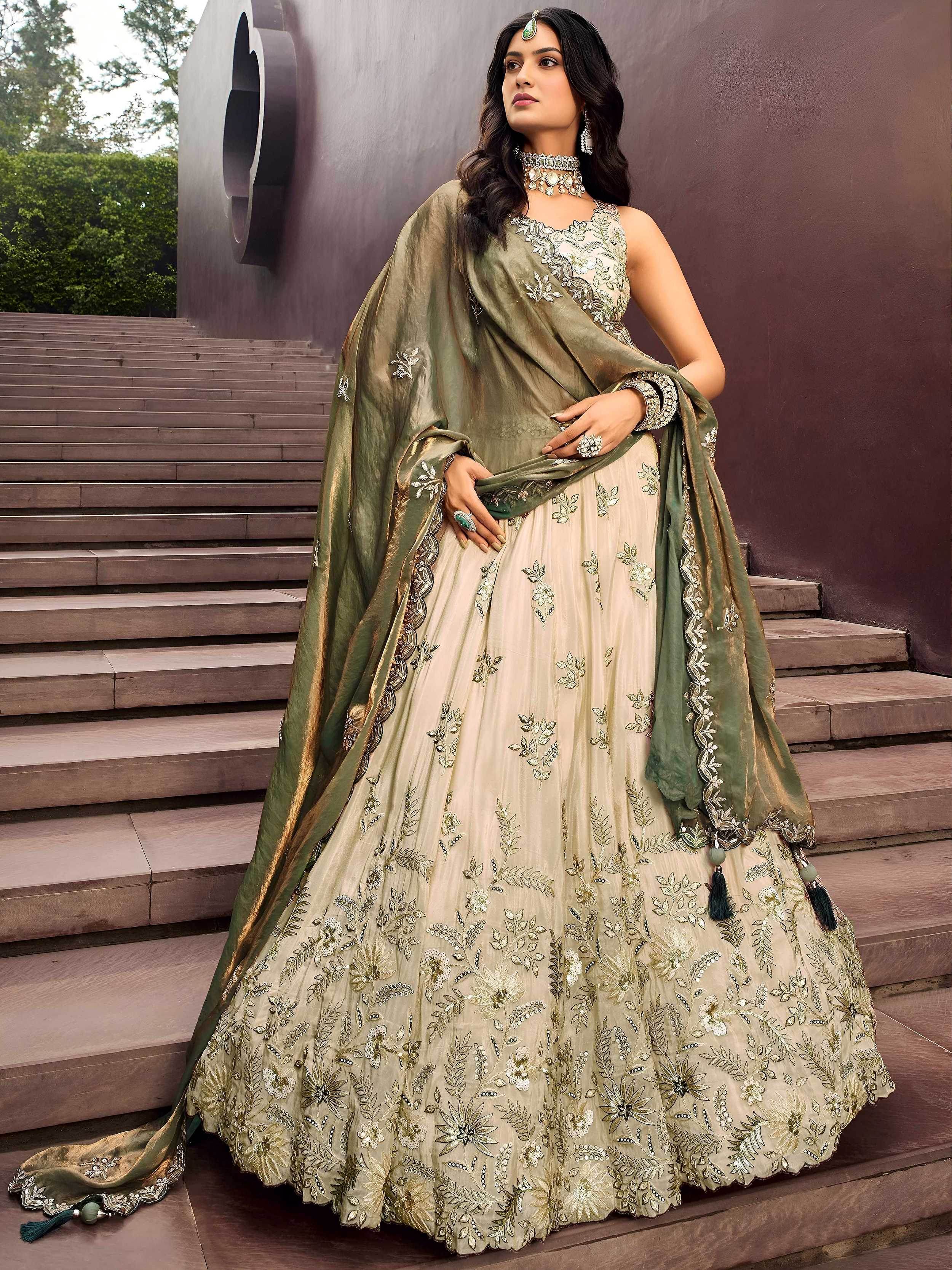 Precious Soft Beige Embroidered Silk Wedding Wear Lehenga Choli