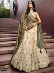 Precious Soft Beige Embroidered Silk Wedding Wear Lehenga Choli
