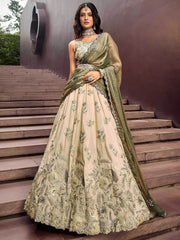 Precious Soft Beige Embroidered Silk Wedding Wear Lehenga Choli