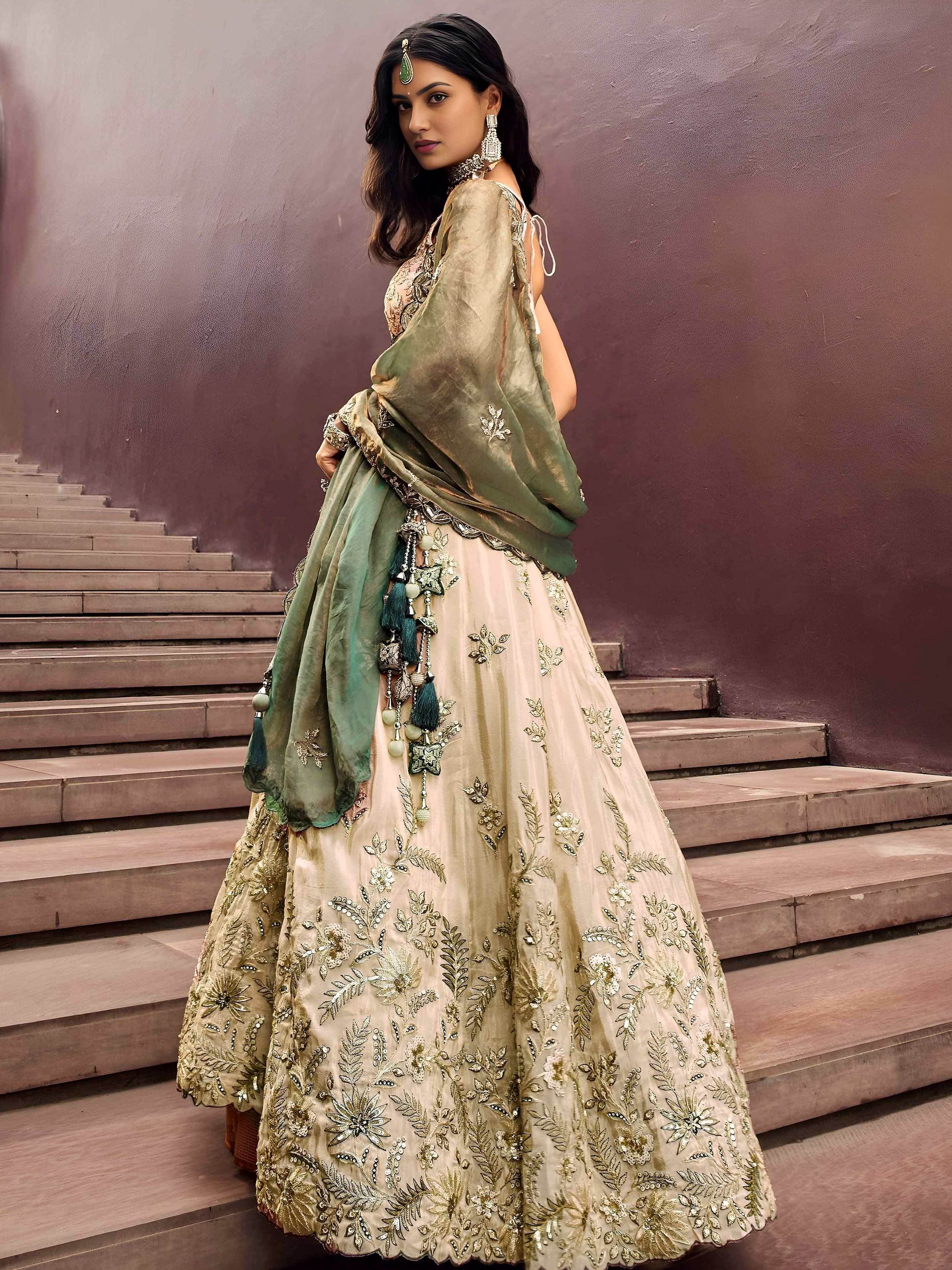 Precious Soft Beige Embroidered Silk Wedding Wear Lehenga Choli