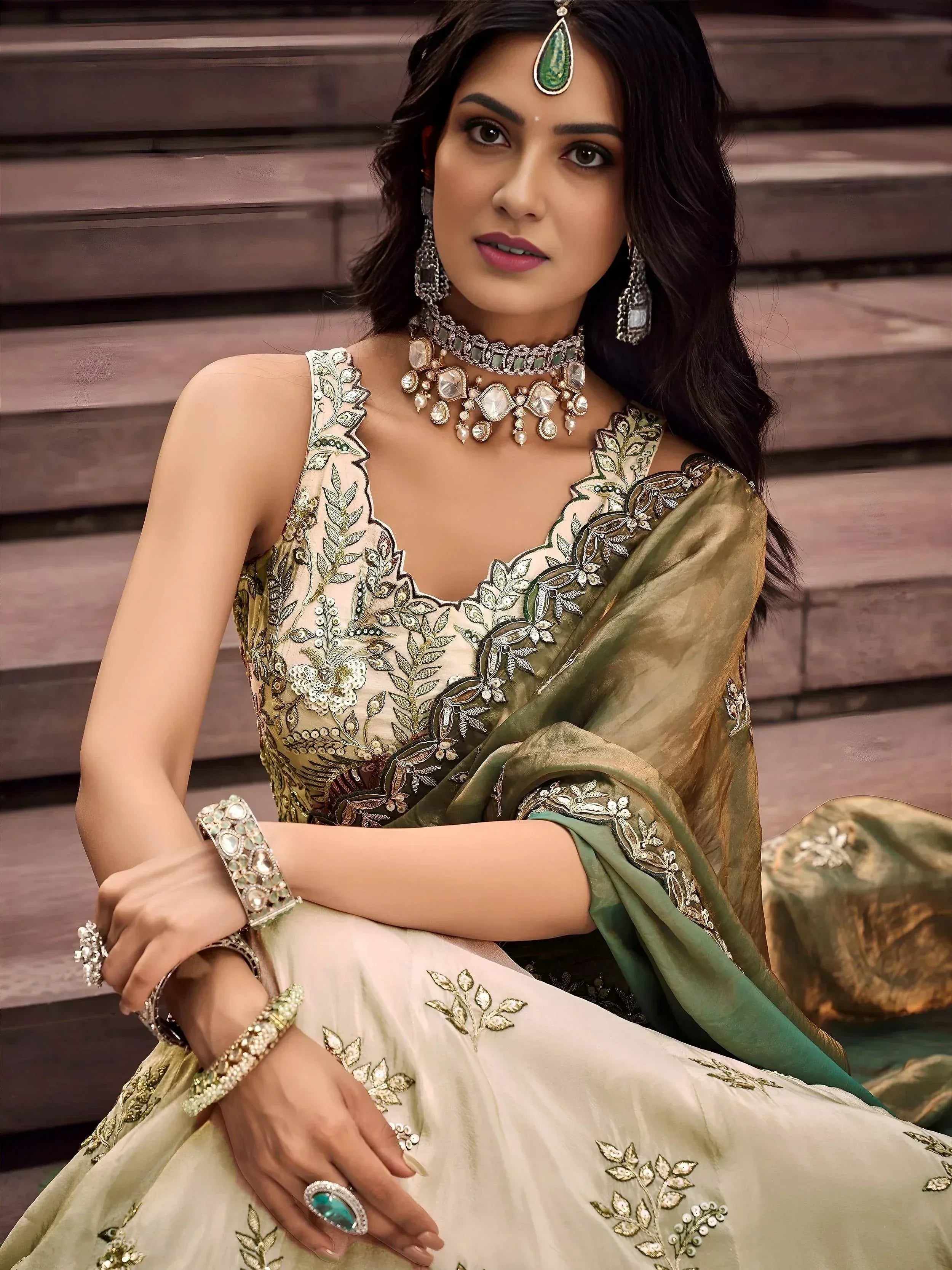 Precious Soft Beige Embroidered Silk Wedding Wear Lehenga Choli