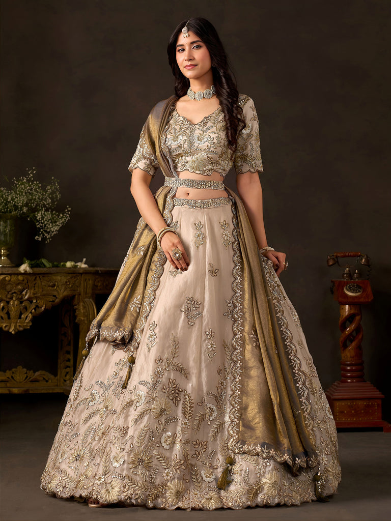 Graceful Cream Embroidered Silk Bridesmaid Wear Lehenga Choli