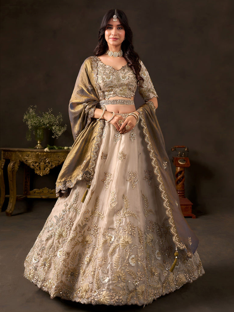 Graceful Cream Embroidered Silk Bridesmaid Wear Lehenga Choli