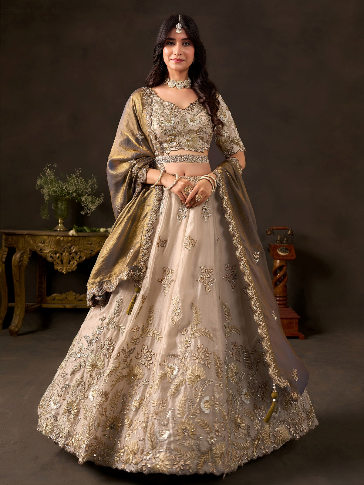 Graceful Cream Embroidered Silk Bridesmaid Wear Lehenga Choli
