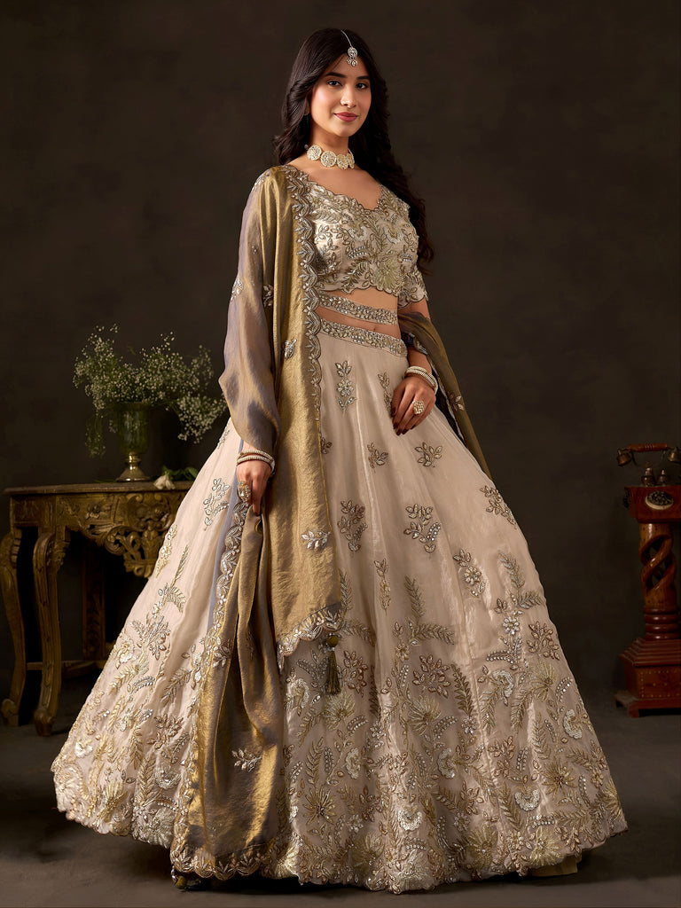 Graceful Cream Embroidered Silk Bridesmaid Wear Lehenga Choli
