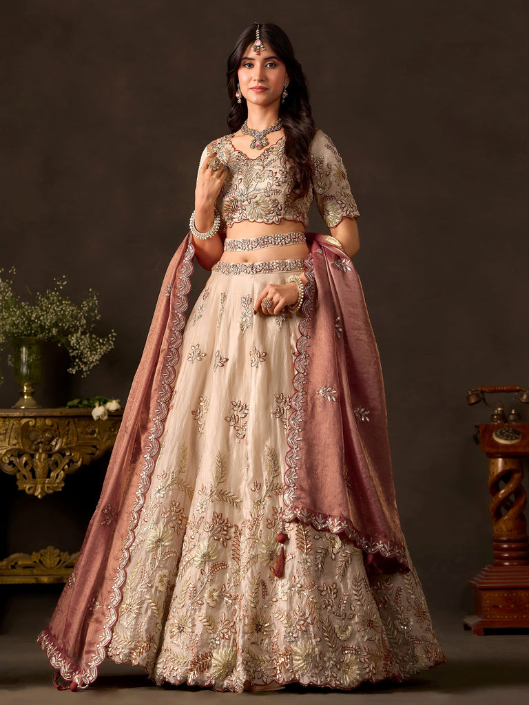 Elegant Cream Sequins Work Silk Reception Wear Lehenga Choli