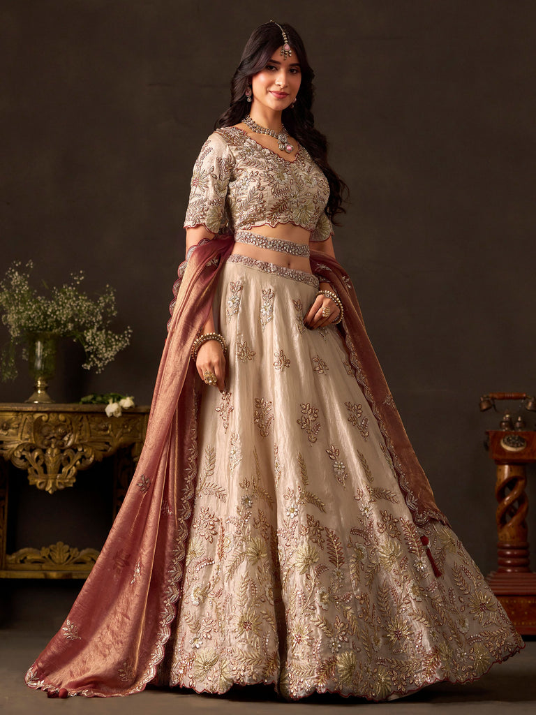 Elegant Cream Sequins Work Silk Reception Wear Lehenga Choli