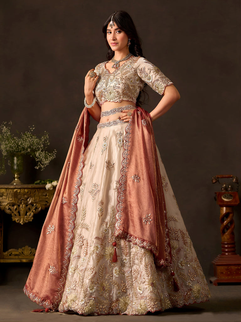 Elegant Cream Sequins Work Silk Reception Wear Lehenga Choli