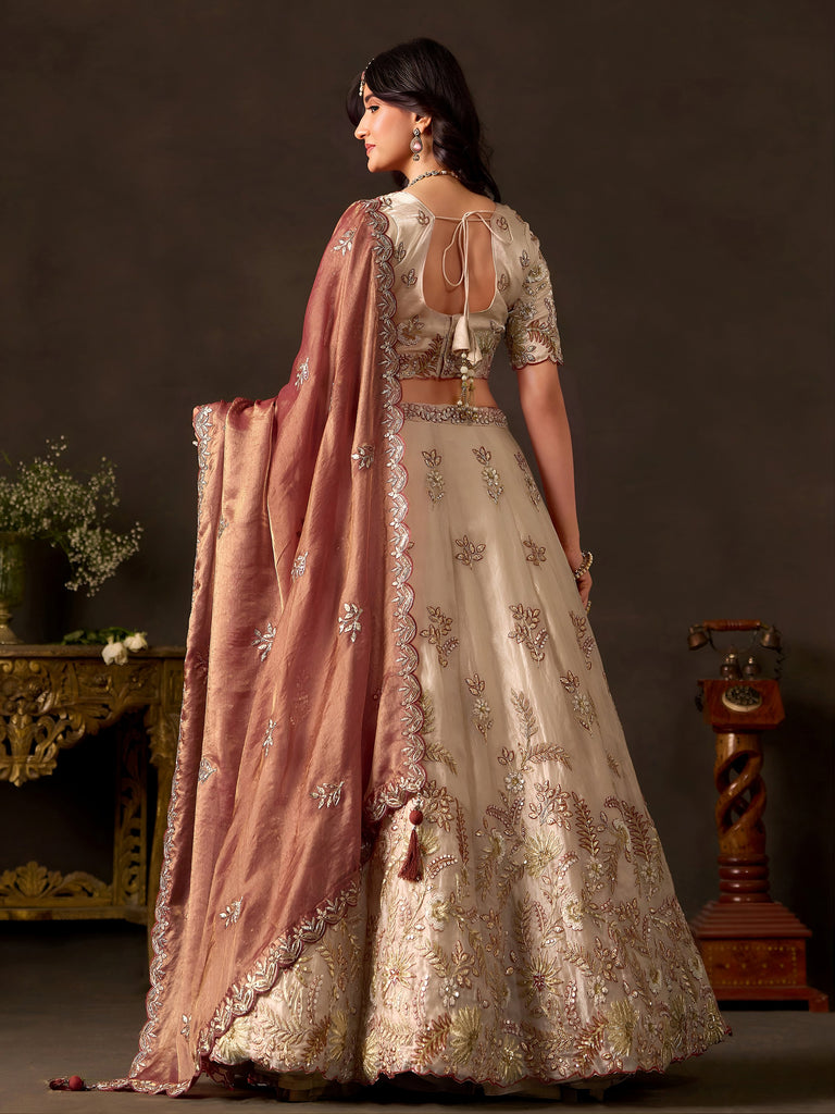 Elegant Cream Sequins Work Silk Reception Wear Lehenga Choli