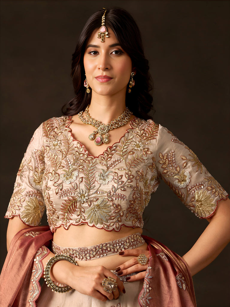 Elegant Cream Sequins Work Silk Reception Wear Lehenga Choli