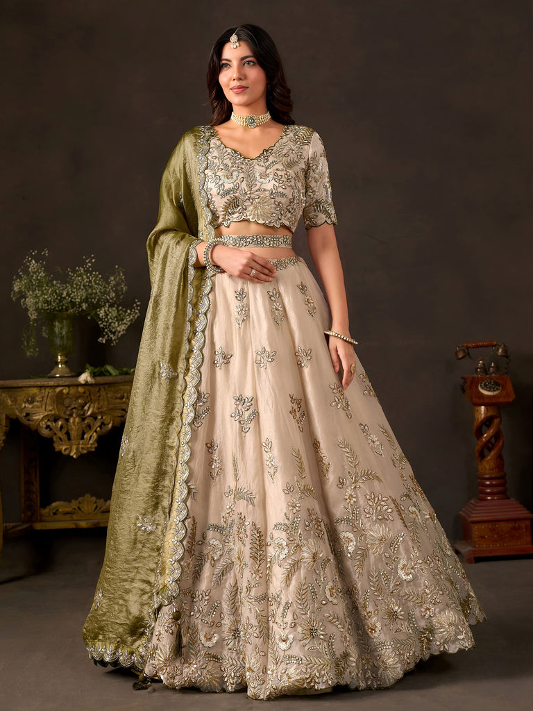 Artistic Cream Embroidered Silk Marriage Wear Lehenga Choli