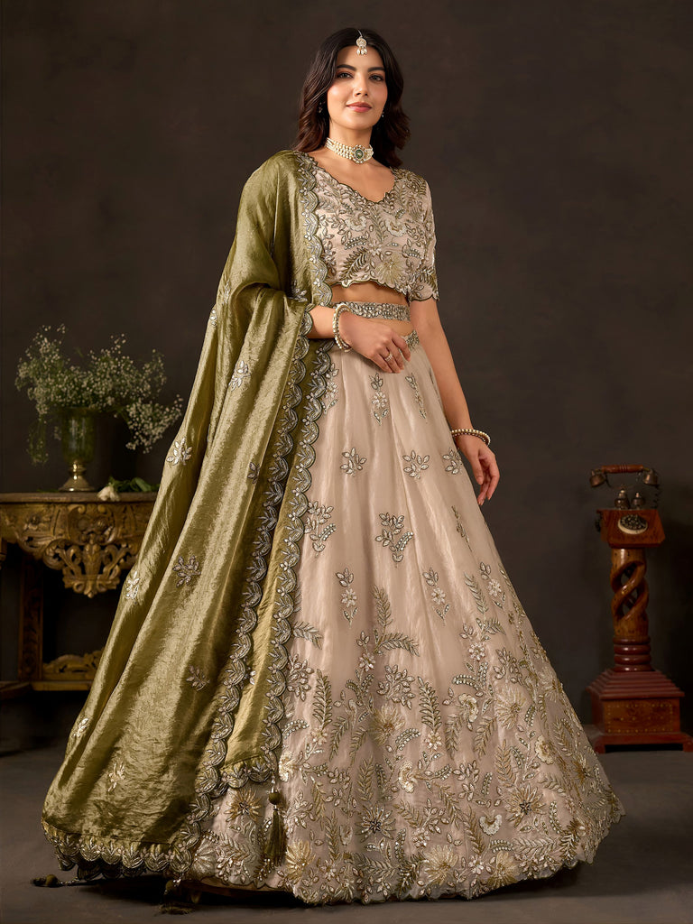 Artistic Cream Embroidered Silk Marriage Wear Lehenga Choli