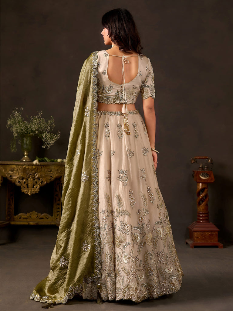 Artistic Cream Embroidered Silk Marriage Wear Lehenga Choli