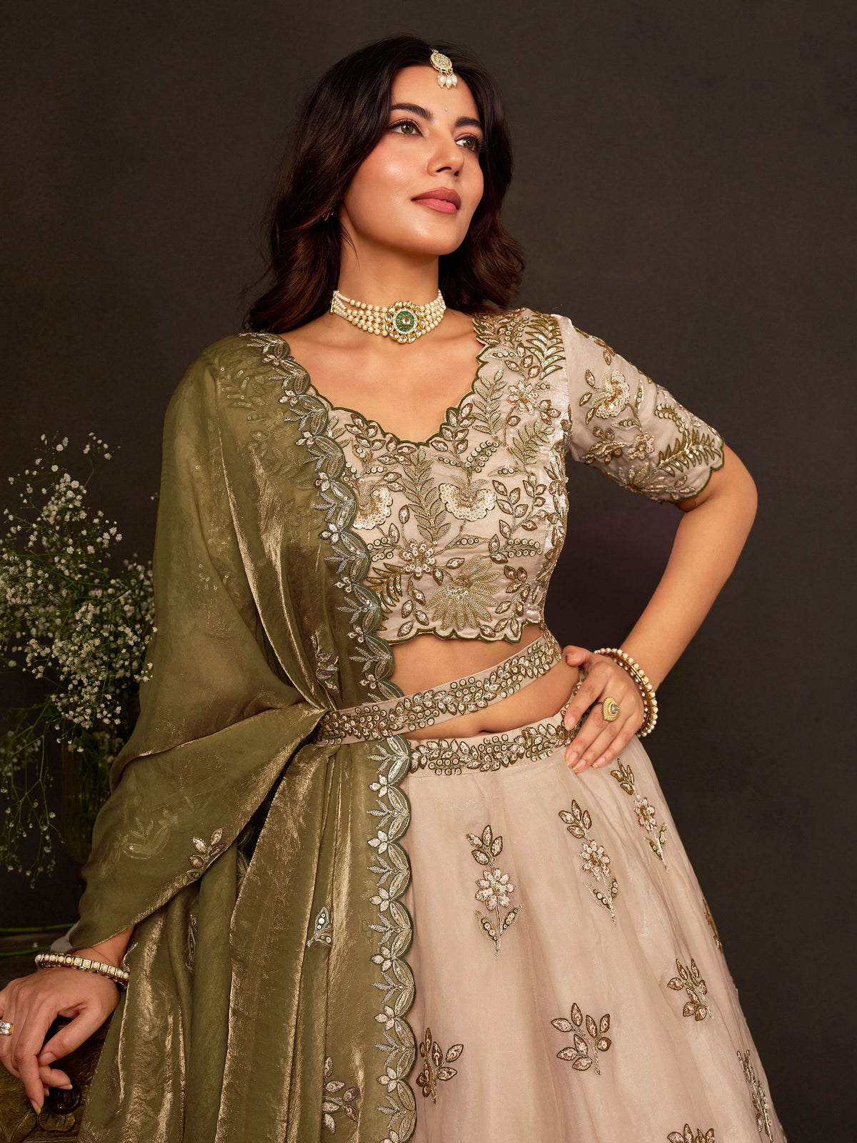 Artistic Cream Embroidered Silk Marriage Wear Lehenga Choli