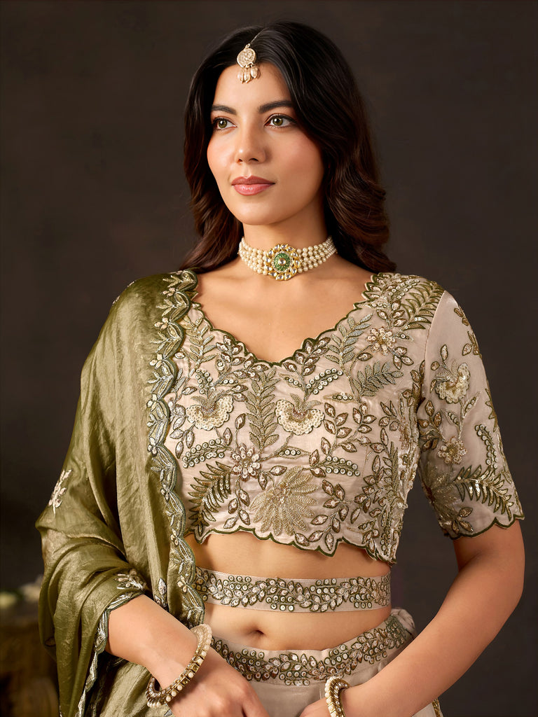 Artistic Cream Embroidered Silk Marriage Wear Lehenga Choli