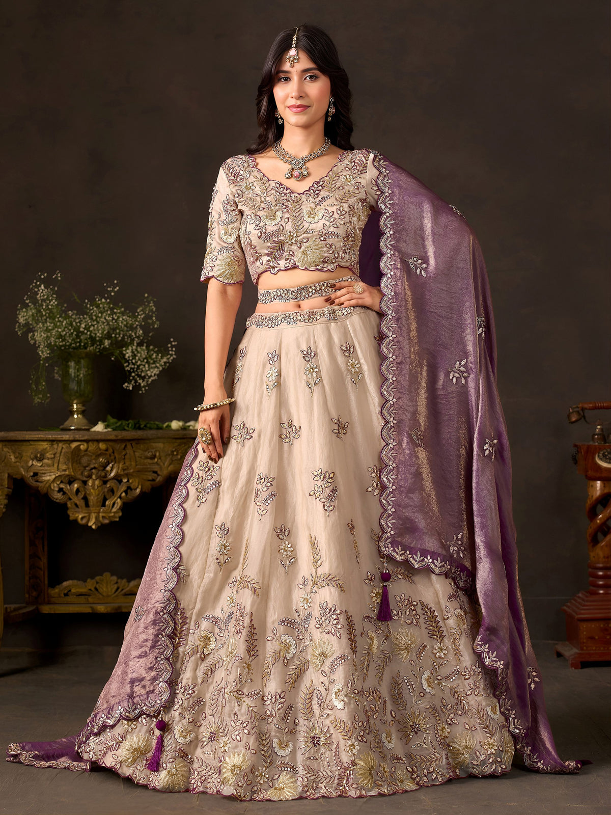 Glamorous Cream Sequins Work Silk Wedding Wear Lehenga Choli