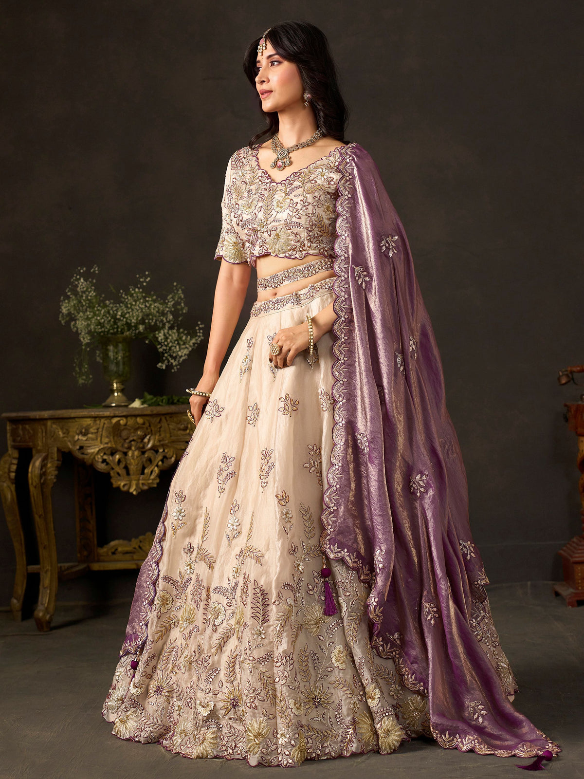Glamorous Cream Sequins Work Silk Wedding Wear Lehenga Choli