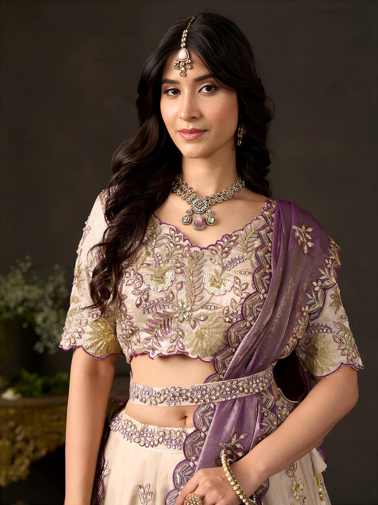 Glamorous Cream Sequins Work Silk Wedding Wear Lehenga Choli