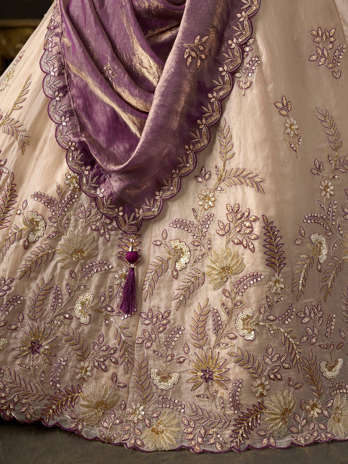 Glamorous Cream Sequins Work Silk Wedding Wear Lehenga Choli