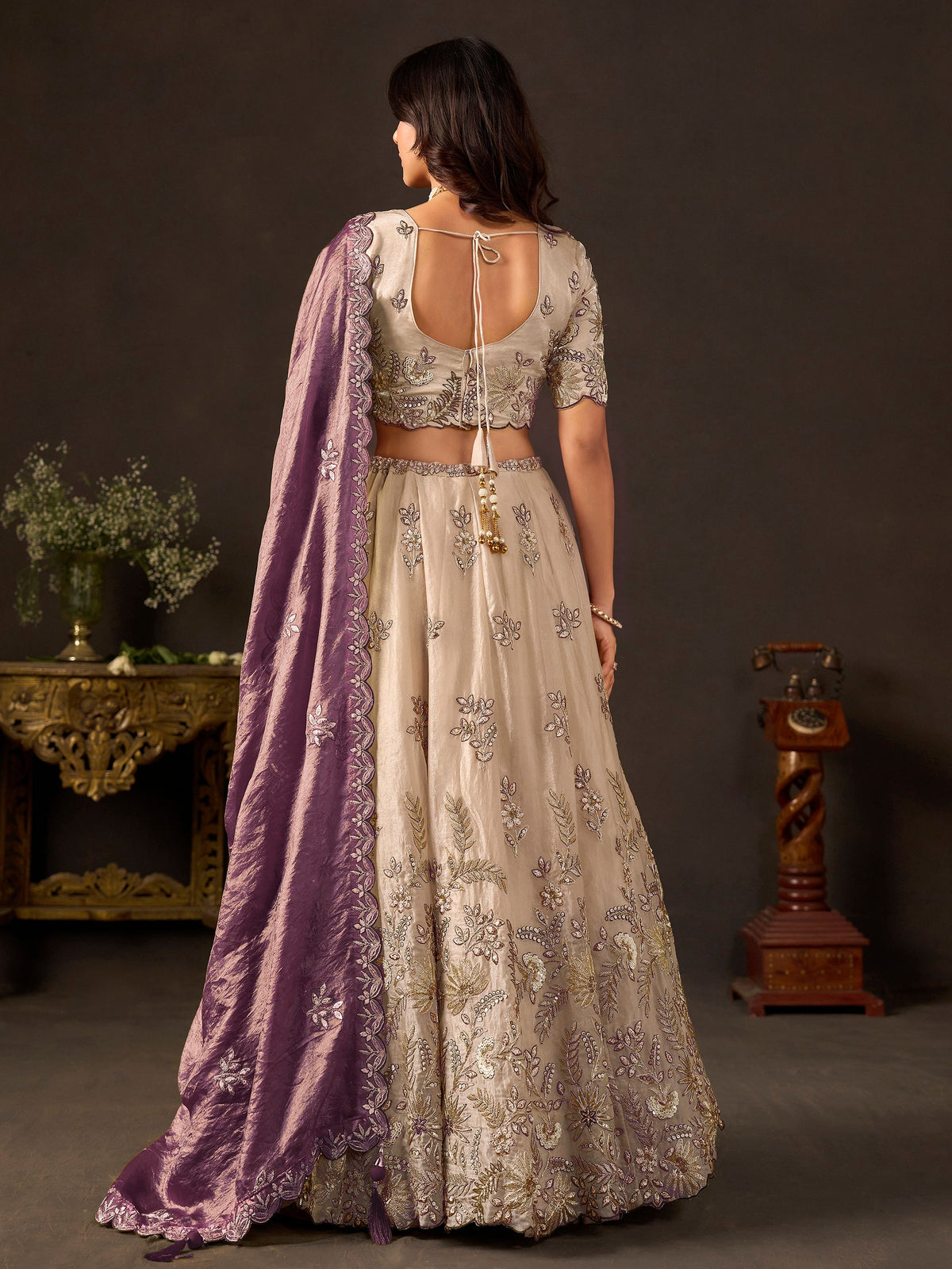 Glamorous Cream Sequins Work Silk Wedding Wear Lehenga Choli