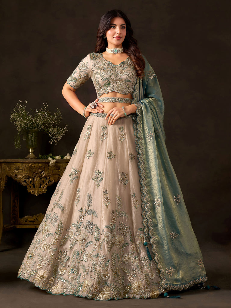 Stunning Cream Embroidered Silk Engagement Wear Lehenga Choli