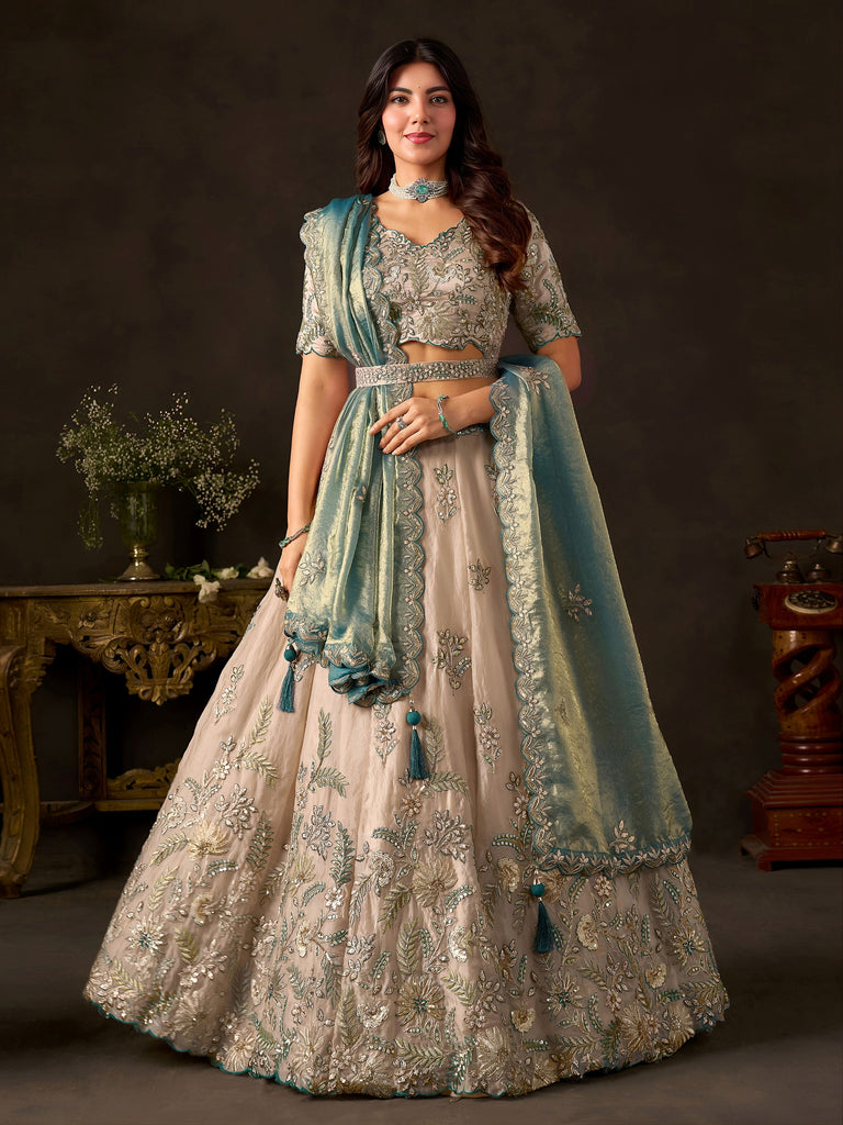 Stunning Cream Embroidered Silk Engagement Wear Lehenga Choli