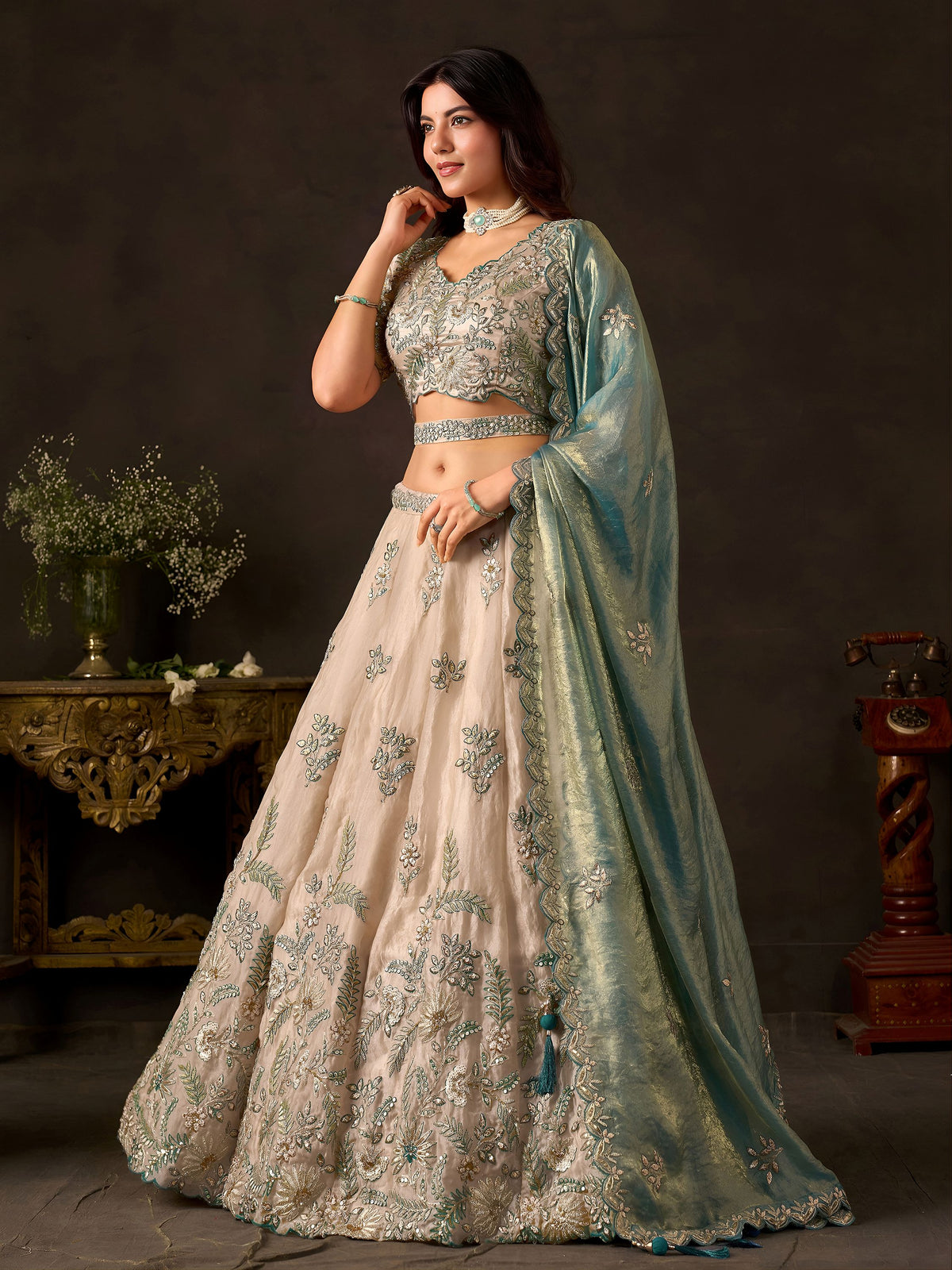 Stunning Cream Embroidered Silk Engagement Wear Lehenga Choli