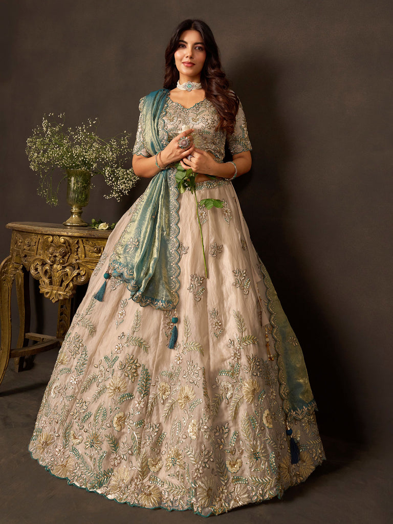 Stunning Cream Embroidered Silk Engagement Wear Lehenga Choli