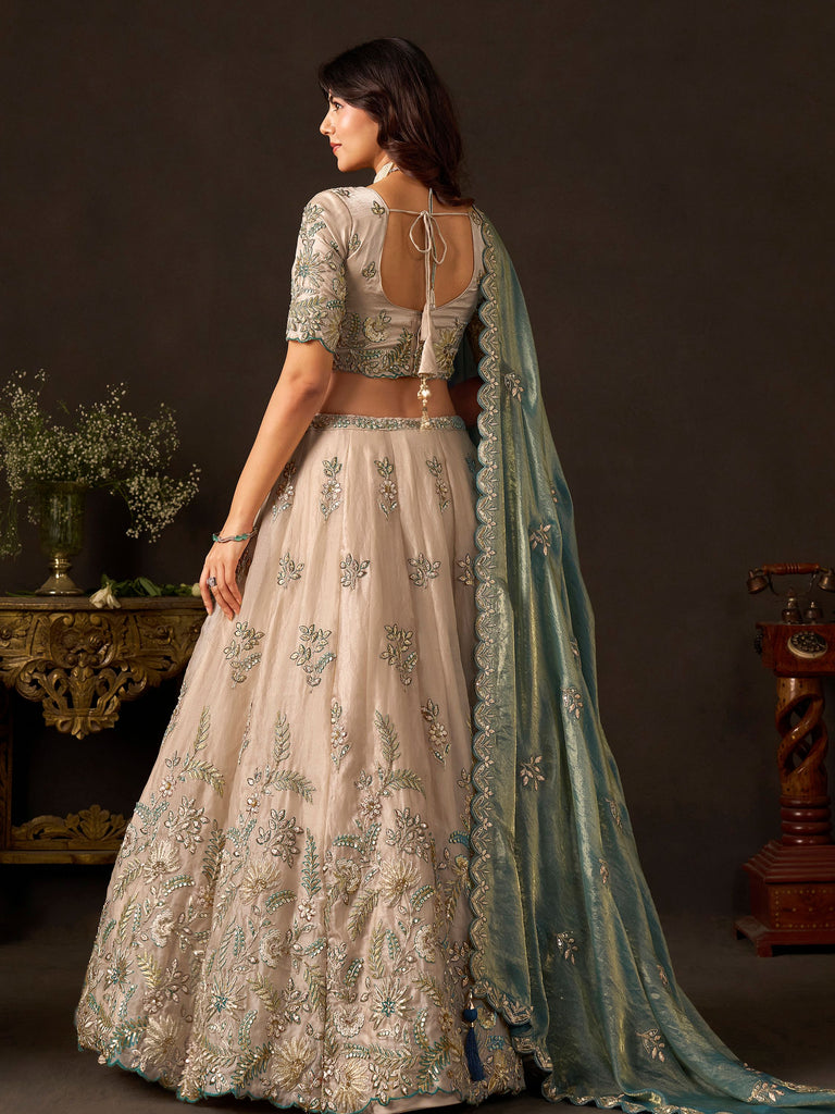 Stunning Cream Embroidered Silk Engagement Wear Lehenga Choli