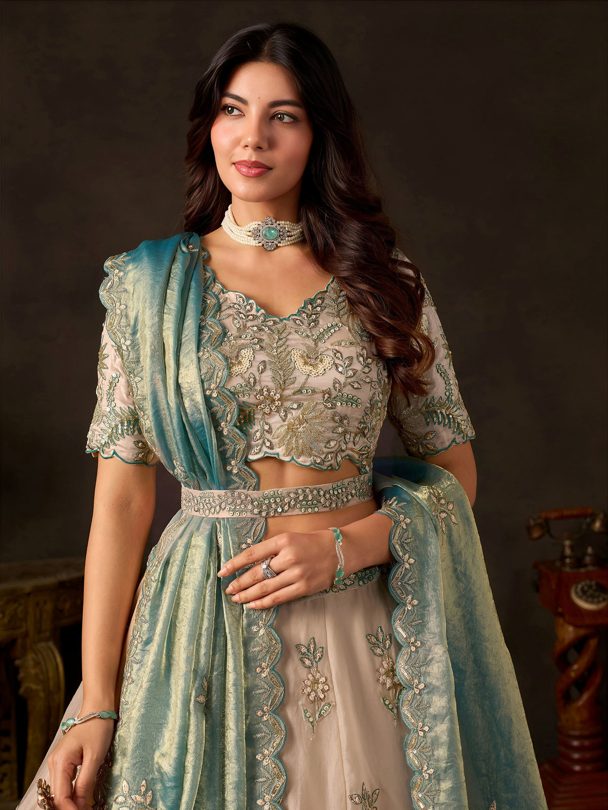 Stunning Cream Embroidered Silk Engagement Wear Lehenga Choli